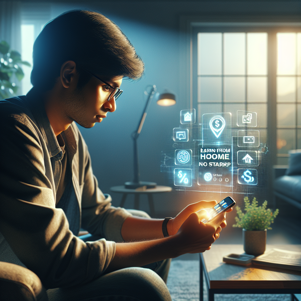 شاب يستخدم الهاتف مع أيقونات مالية واستثمارية رقمية في مكتب منزلي عص