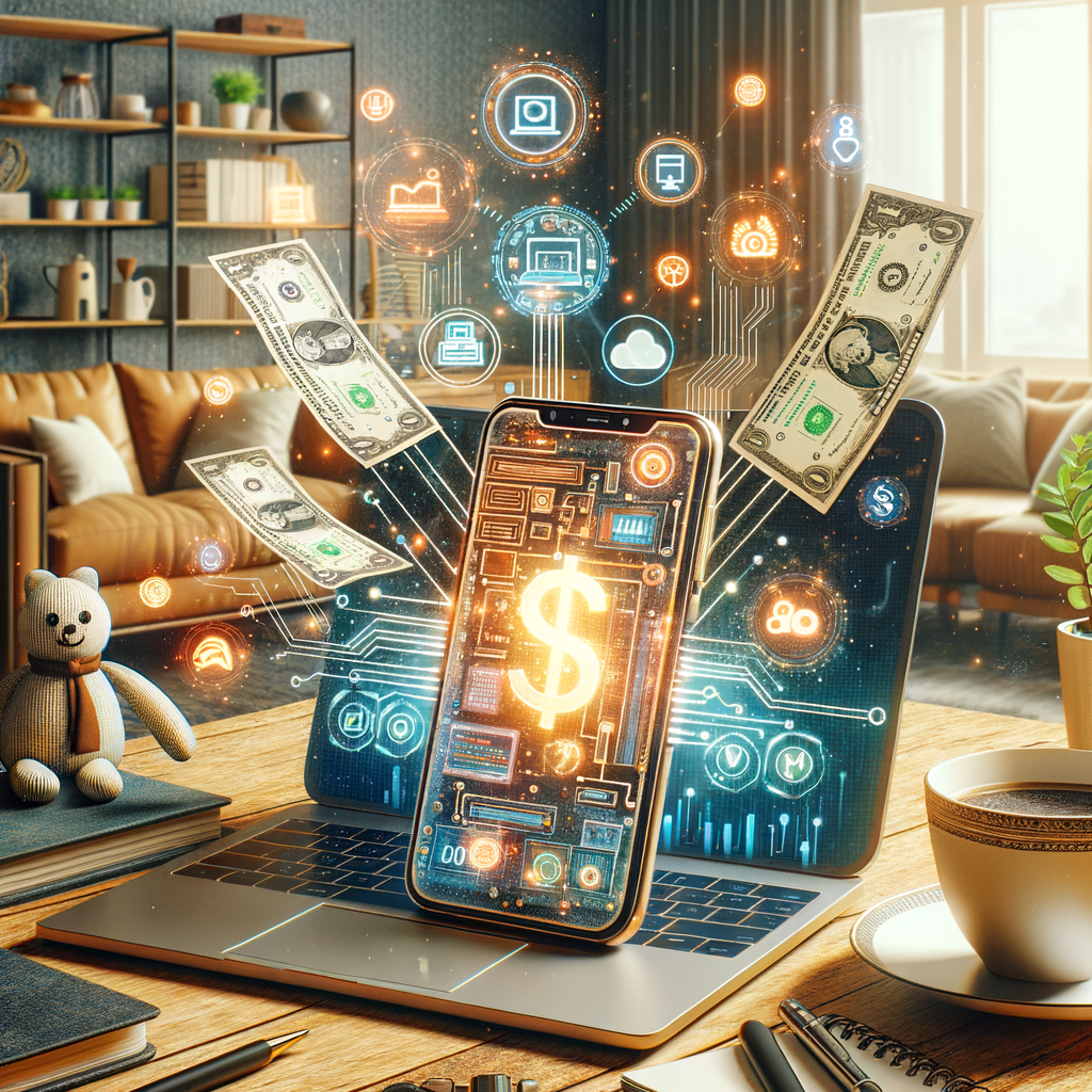 هاتف ذكي ولابتوب مع رموز المال والذكاء الاصطناعي، يوضح ربح المال وال