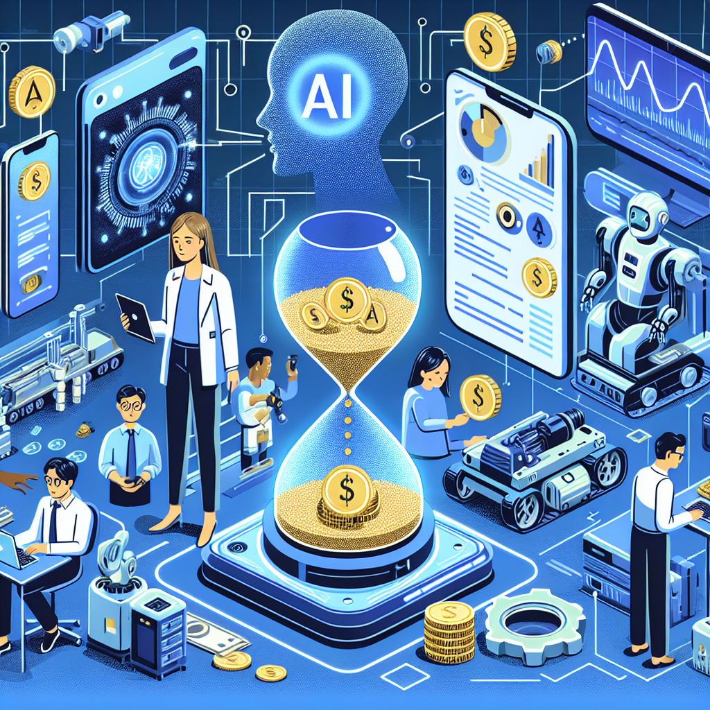 Illustration of robots and AI analyzing data and digital currency, symbolizing how KI-Tools 2026 save time and money.