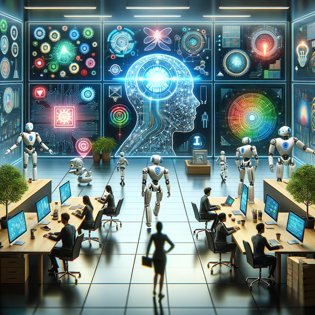 Futuristic AI lab where robots and scientists analyze advanced digital brain interfaces to save time and money.